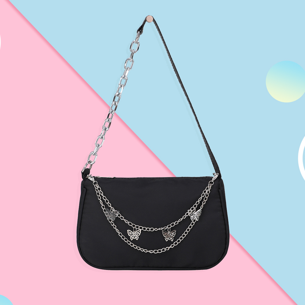 Female Black Nylon Underarm Bags Women Casual Butterfly Chain Shoulder Bag Ladies Japanese and Korean Style Small Handbags
