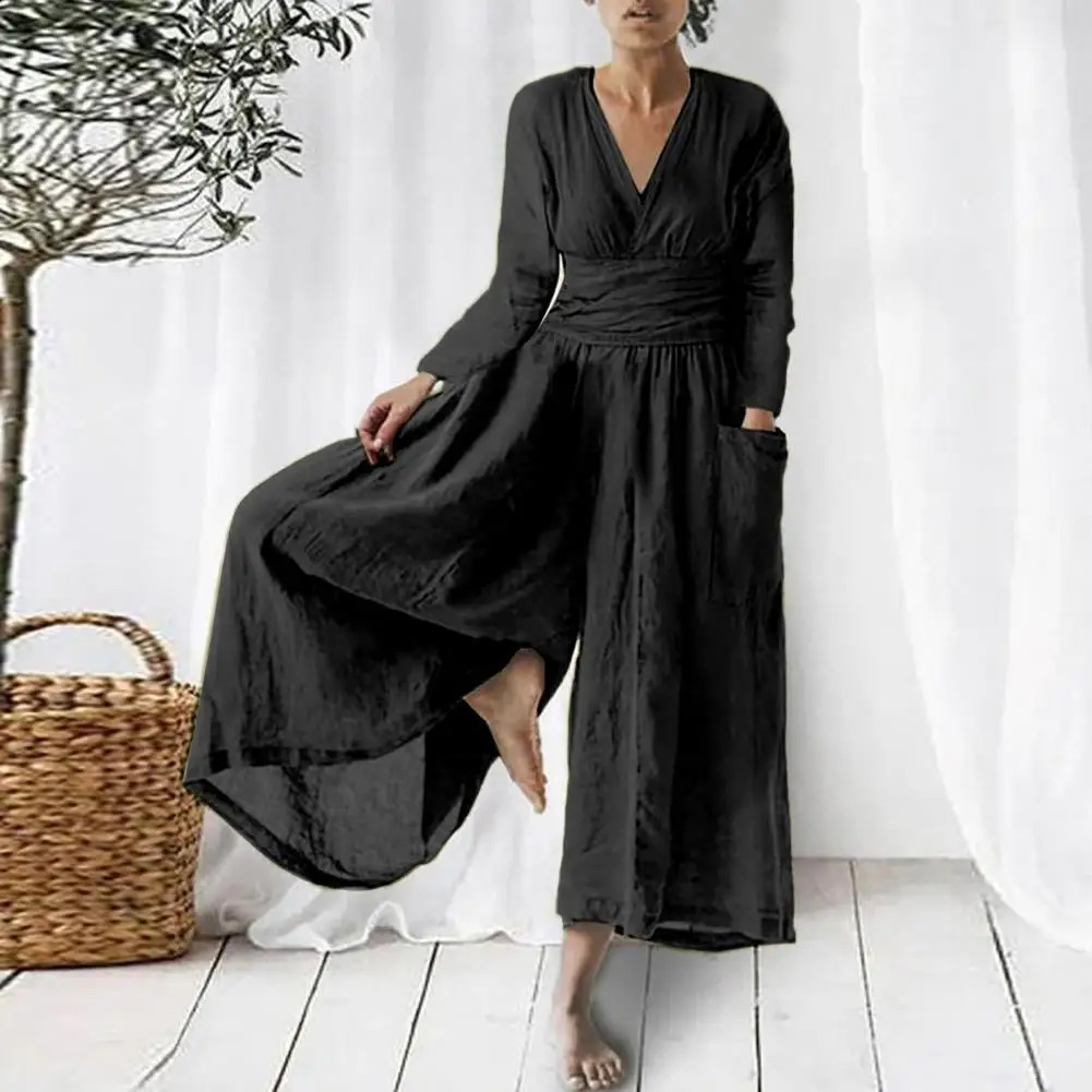 Cotton Linen Jumpsuit V-neck Waist Tight Long Sleeve Women Playsuit Spring Oversized Loose Long Pants Rompers Womens Clothing 240802