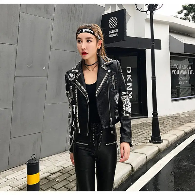 Goth Slim Short Leather Jacket Winter Womens Coats Harajuku Fashion Tops Women Y2k Rivet Jackets Biker Clothes Vintage Outwear 240802