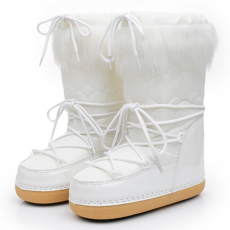 Shoes 2024 New Winter Fur Boots Snow Boots Women Ski Fluffy Hairy Lace Up Middle Calf Platform Flat with White Cotton Boots