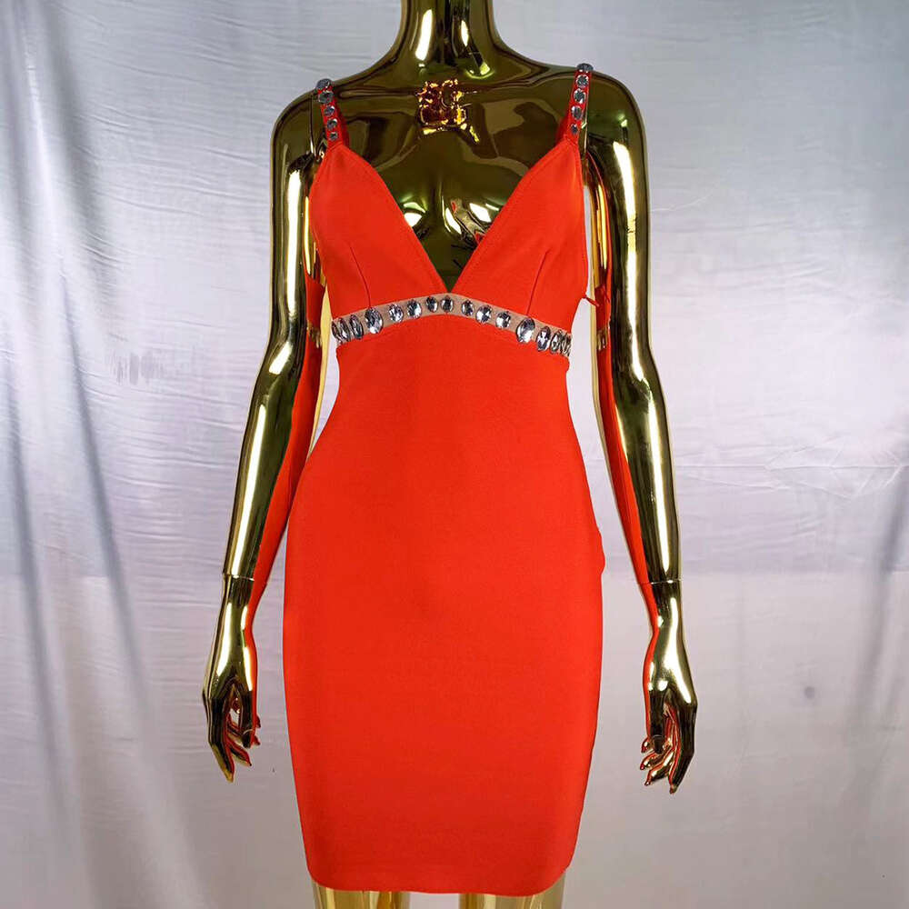 New womens elegant backless diamond studded V-strap slimming tight bandage dress party dress