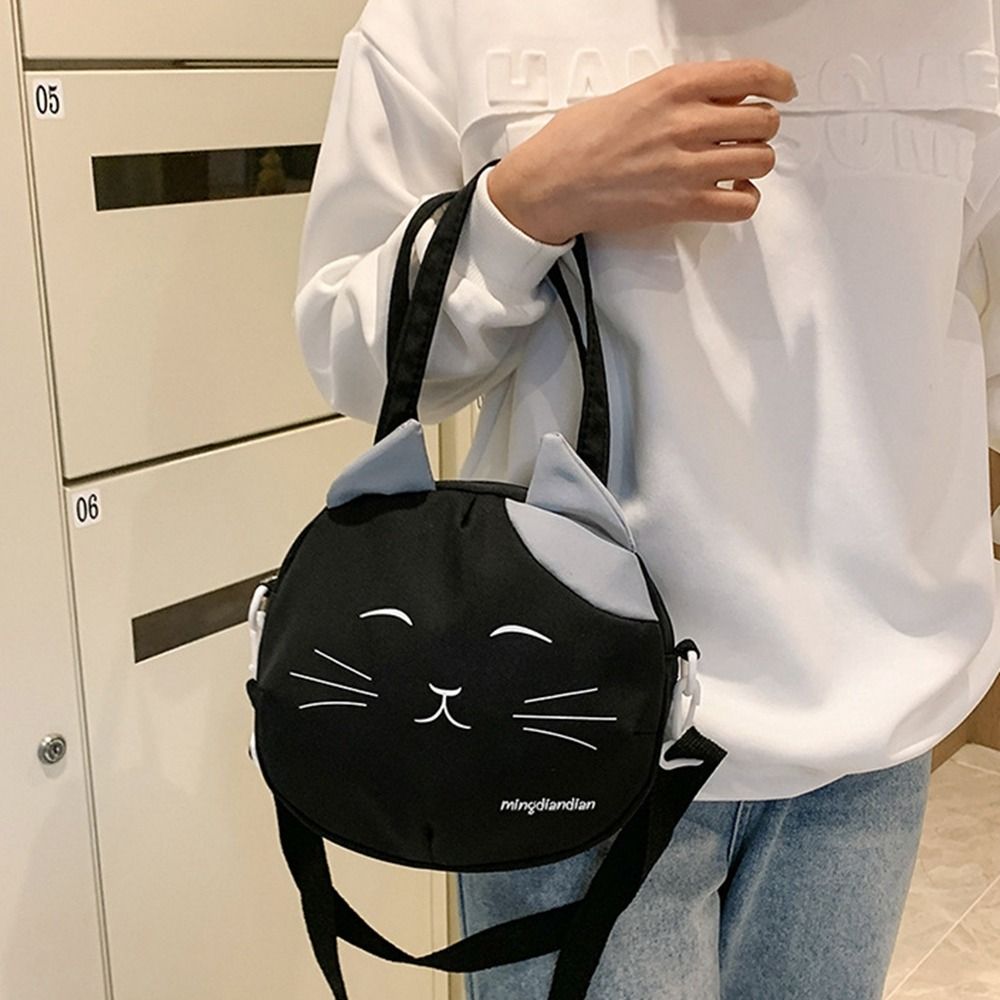 Casual Canvas Nylon Prints Cat Messenger Bag Large Capacity Shoulder Bag Handbag College Style Portable Crossbody Bag Students