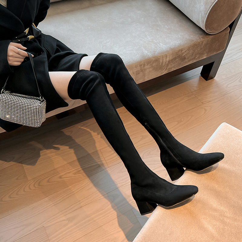 Stretch Cloth Long Women Fashion Slip On Square Heel Over the Knee High Boots Winter Shoes Ladies Elegant Mordern Booties