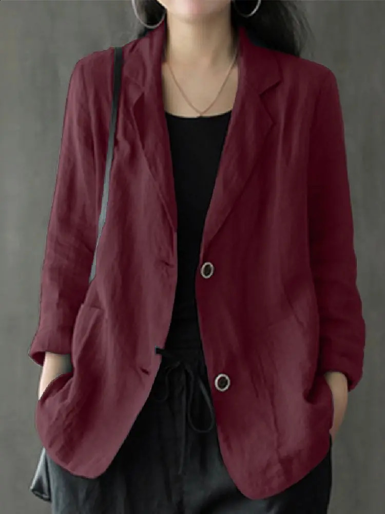 ZANZEA Autumn Fashion Work Blazer Lapel Neck Long Sleeve Suits Women Casual Solid Cotton Elegant Thin Cardigan Coats 240801