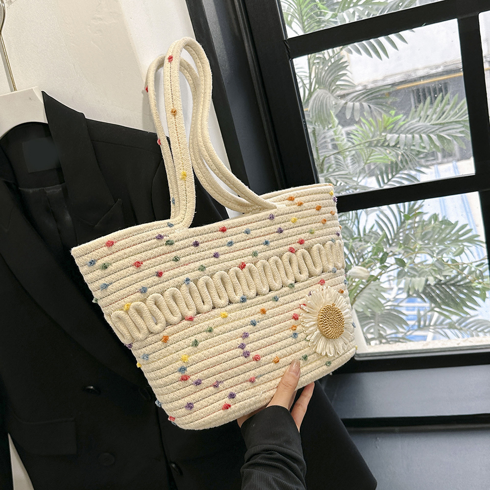 Knitted Straw Bag Summer Flower Bohemia Fashion Women's Handbags Color Stripes Crochet Shoulder Bags Beach Bag Big Tote Bags