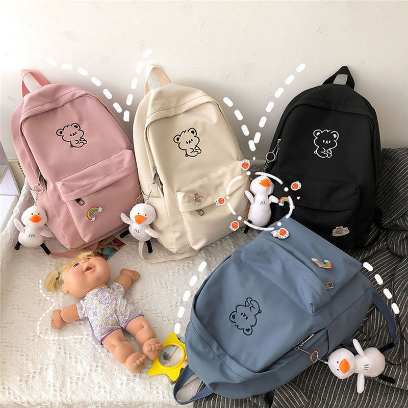 Black Nylon Backpacks for School Teenagers Girls Cute Cartoon High SchoolBag Women Bookbag Korean Casual College Style 2022