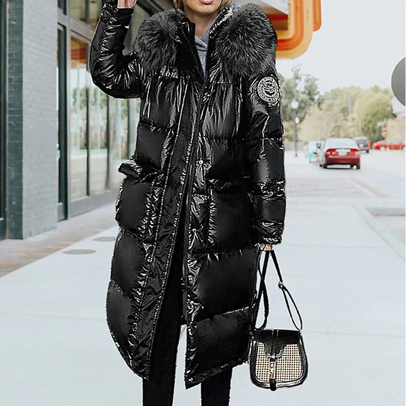 Shiny down cotton jacket for women in 2021 winter new Korean version of foreign style mid length fur collar over knee thick coat 211216