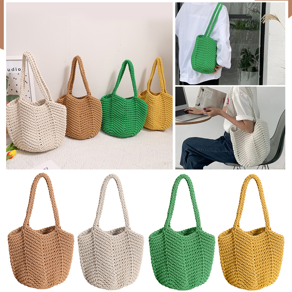 Vintage Weaving Shoulder Bag Ladies Shopping Bags Korean Style Knitting Handbags Casual Soft Elegant Bucket for Seaside Vacation