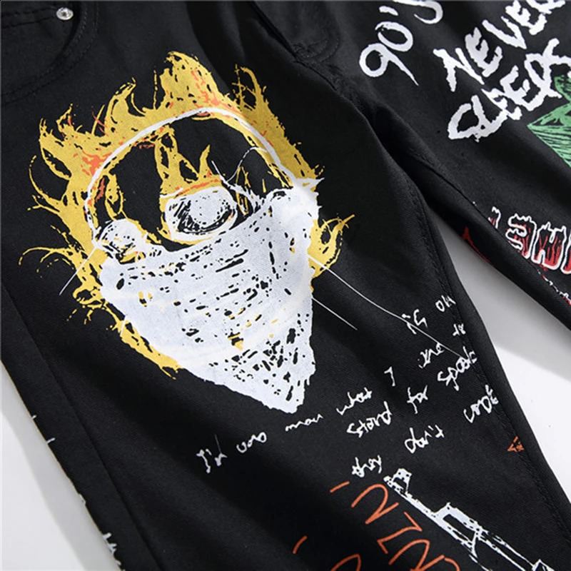 Sokotou mens fashion letter flame black printed jeans ultra-thin straight color painted pants 240829