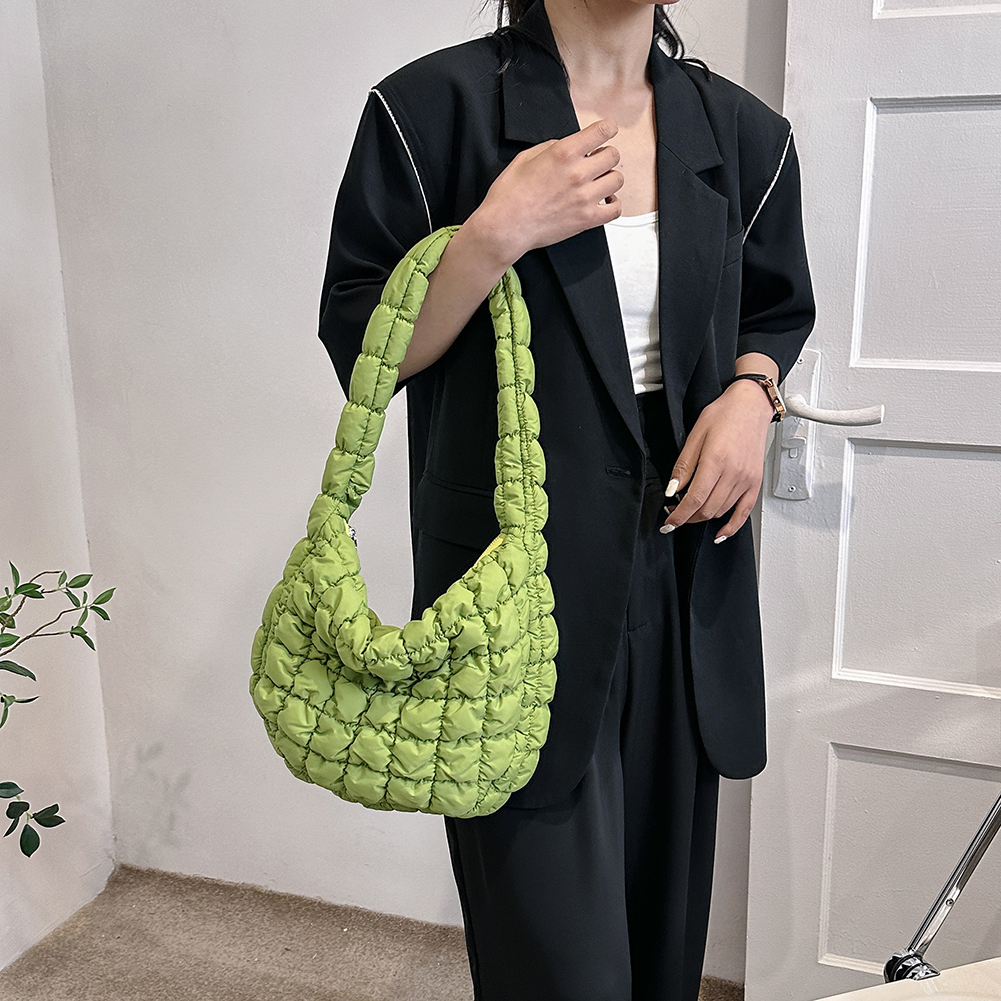 Women Plaid Quilted Crossbody Bag Ruched Solid Shoulder Bag Korean Pleated Bubble Embroidered Cotton Satchel Bags Underarm Bags