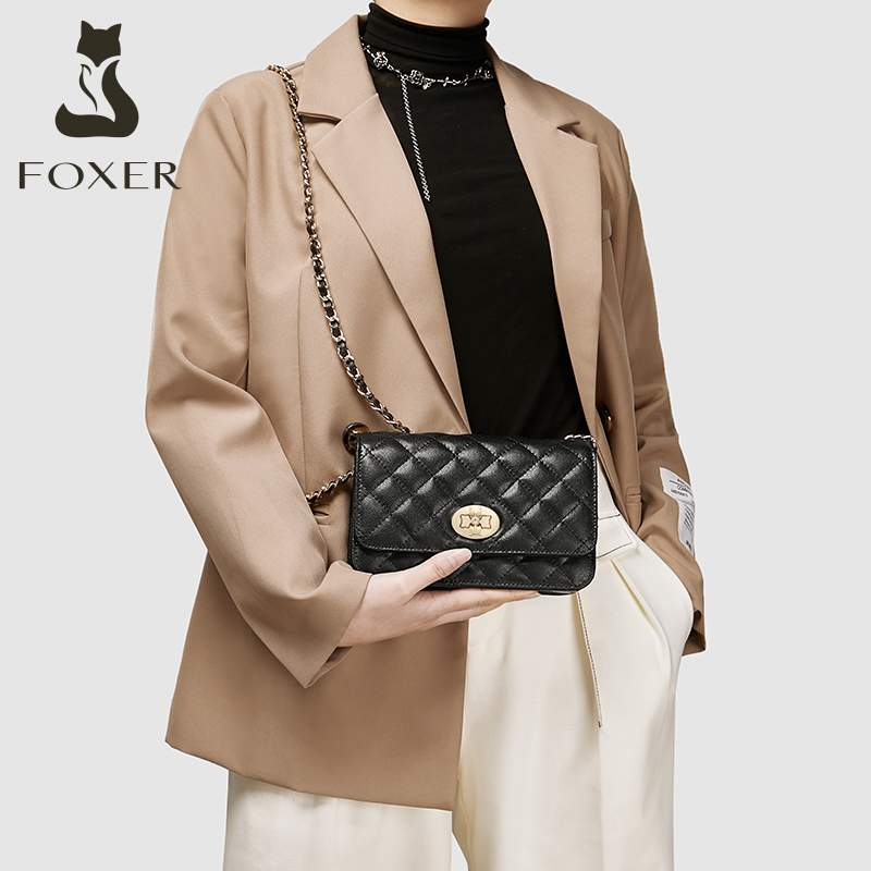 FOXER Lattice Women Messenger Bag Designer Chain Shoulder Bag Split Leather Female Classical Crossbody Bag Lady Stylish Flap Bag