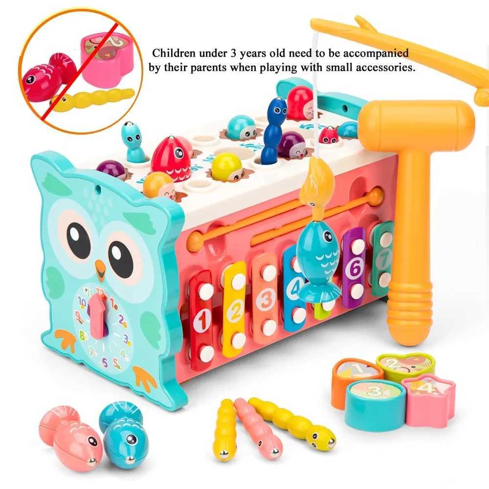 New Baby Montessori Toys Magnetic Fishing Owl Cube Learning Educational Clock Hammer Game with Music Puzzle for Kids Gift Y240801