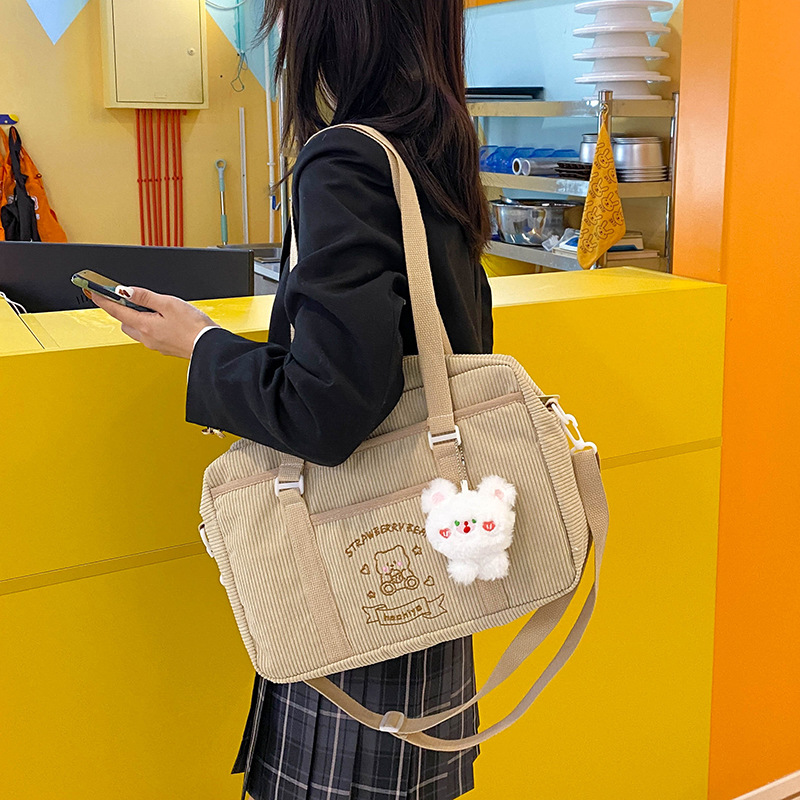Cute Casual Bag for Women Shoulder Bags 2023 Corduroy Shopper JK Cartoon Embroidered Bear Letter Girls Handbags Student Tote Bag