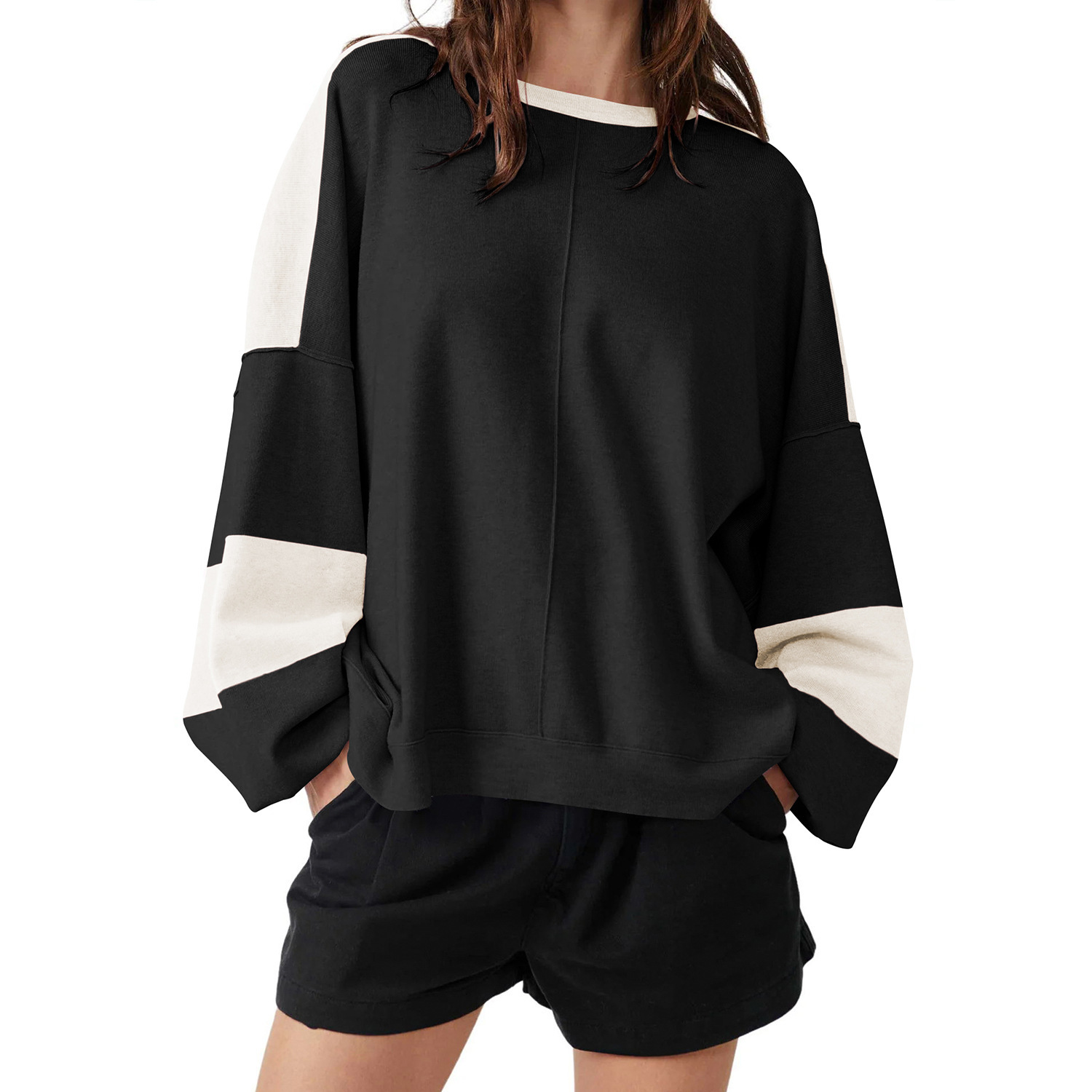Stylish design with long sleeves loose stitching, contrasting color hoodie, fashionable round neck, autumn and winter women's clothing F8.2#52