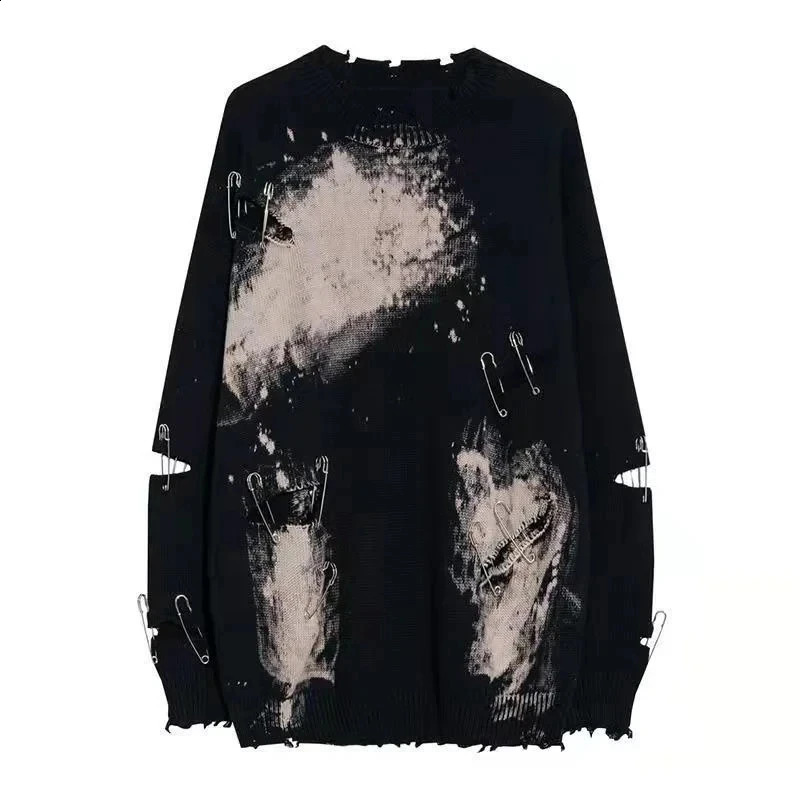 Y2k Grunge Black Ripped Sweater Vintage Women Distressed Knitted Jumper Gothic Oversized Knitwear Korean Fashion Autumn Top 240801
