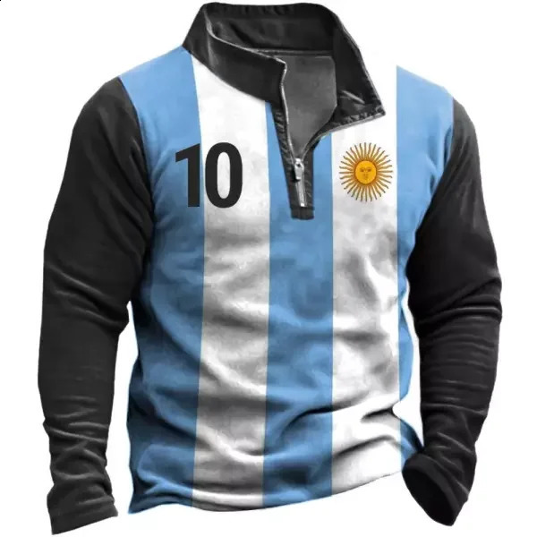 Argentina Flag Sweatshirt Mens Casual Half Zipper Sweatshirt Stand Collar Jacket Fashion Long Sleeve POLO Shirt Flag 3D Hoodie 240802