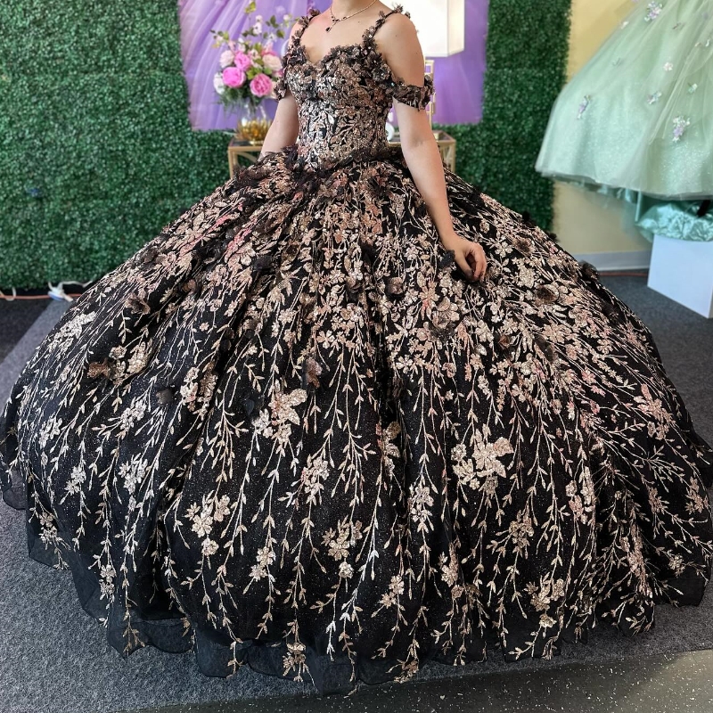 Black Ball Gown Quinceanera Dress 2024 Tulle Appliques Lace Off Shoulder Sweet 16 Years Birthday Party Formal Dresses Vestidos De 15 Anos