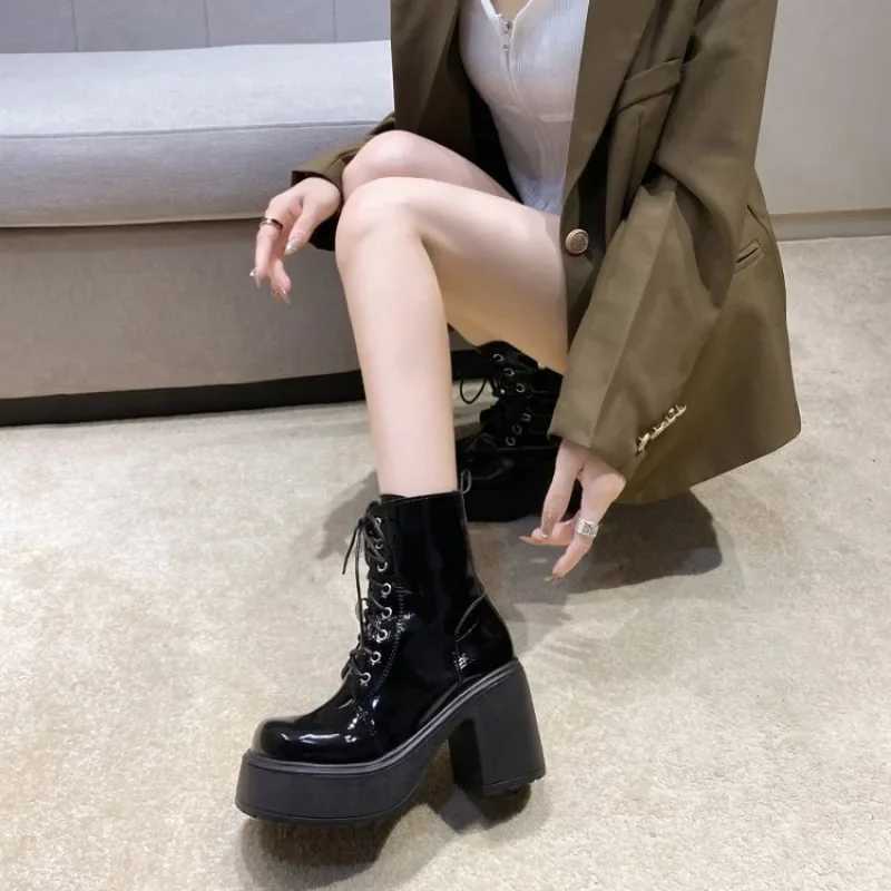 Autumn and Winter Womens Ankle Boots Waterproof Platform Lace Thick High Heels Short Boots Fashion 9cm High Heels Leather Botas CL240906