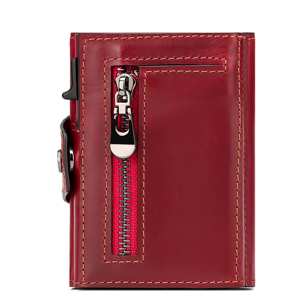 New Automatic Card Holder Genuine Leather Women's Wallet RFID Blocking Credit Cardholder Fashion Money Clips with Zipper Pocket