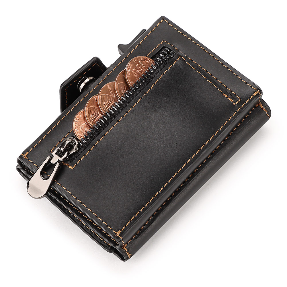 Genuine Leather Men's Short Wallet Small Mini Money Clip RFID BLocking Credit Automatic Card Holder with Free Engraving Service