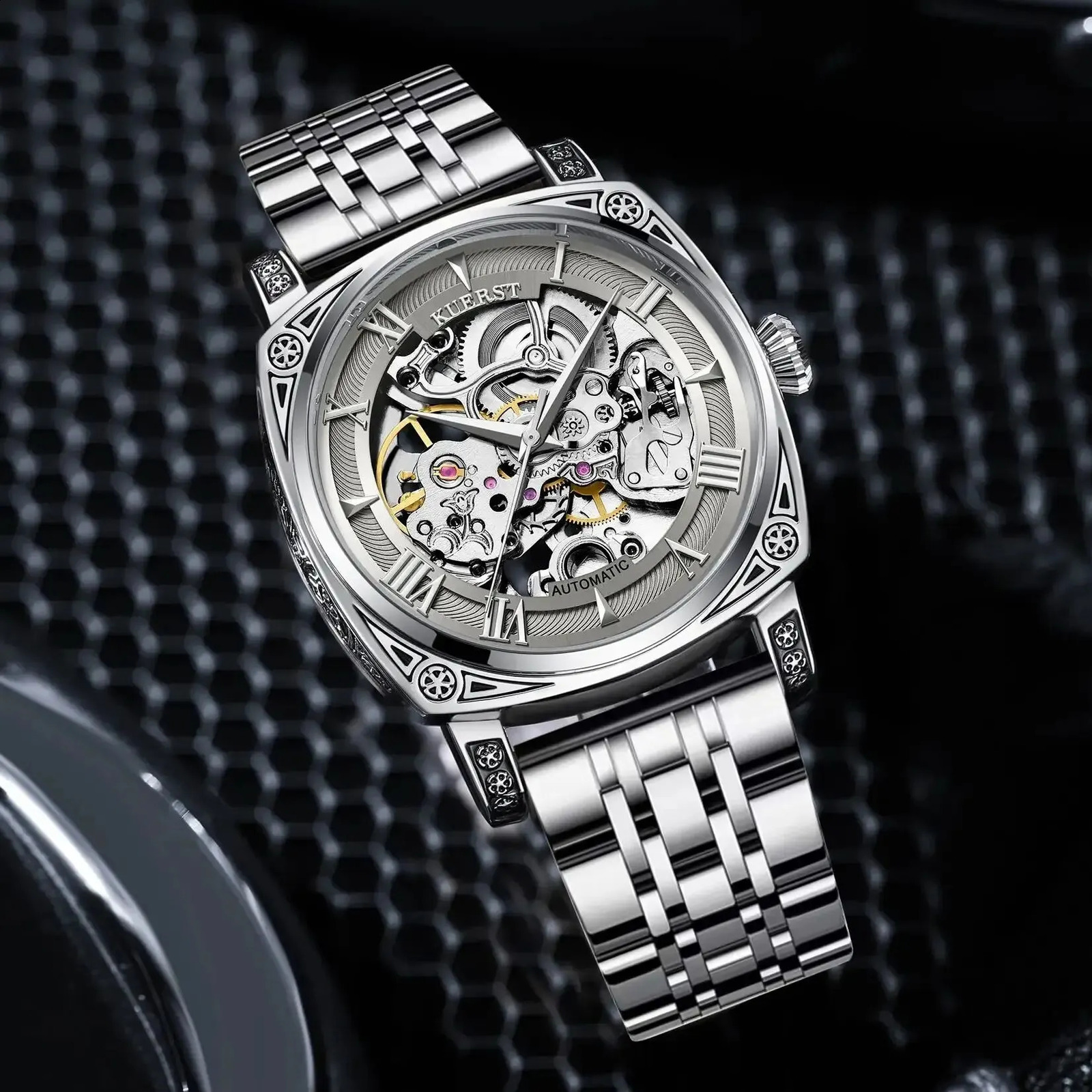 KUERST Automatic Mechanical Roman Steel Nails/waterproof Hollow/three-dimensional Carved Shell Fashion Glow-in-the-dark Watch 240724