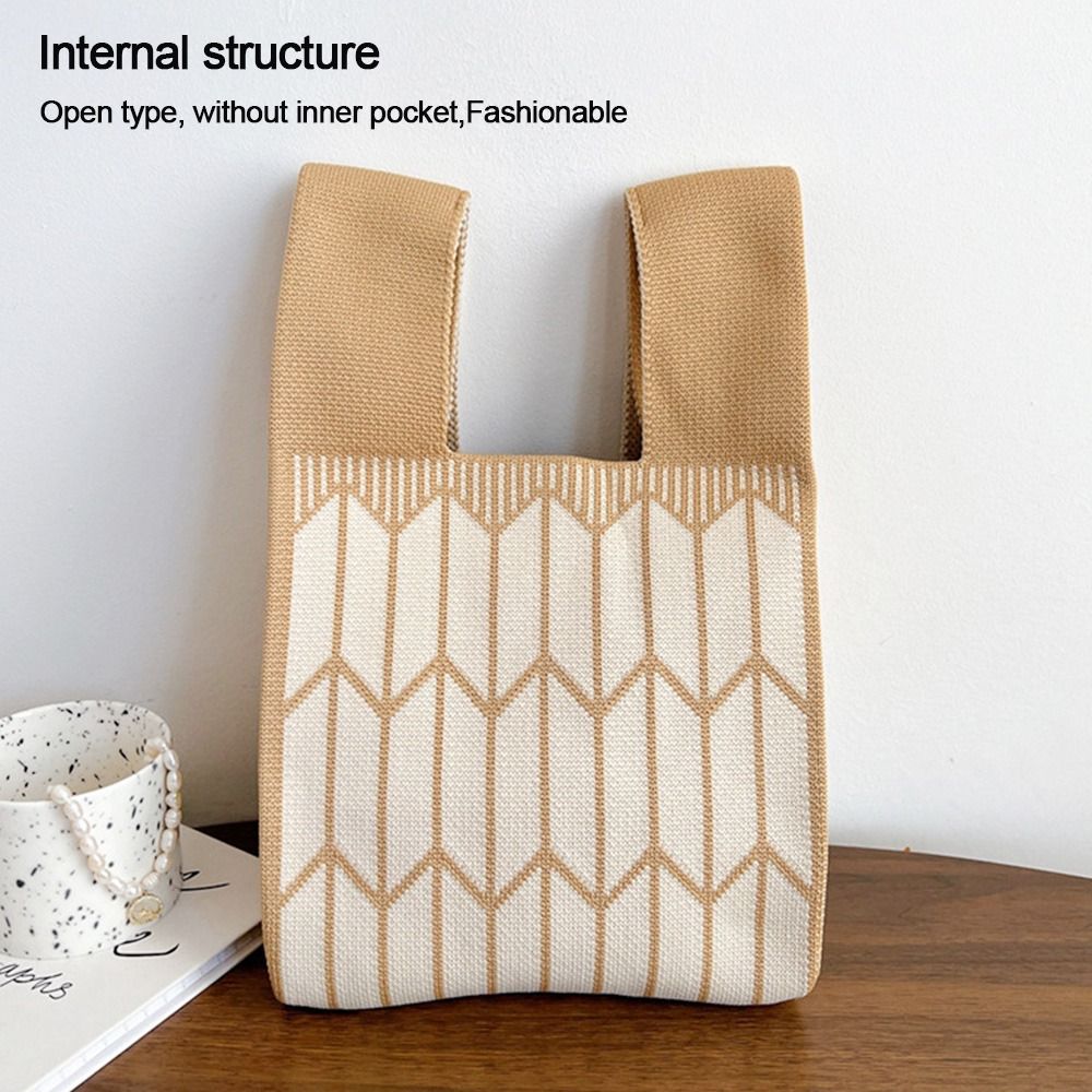 Handmade Knit Handbag Casual Color Tote Bag Women Girls Mini Knot Wrist Bag Plaid Shoulder Bag Reusable Shopping Bags