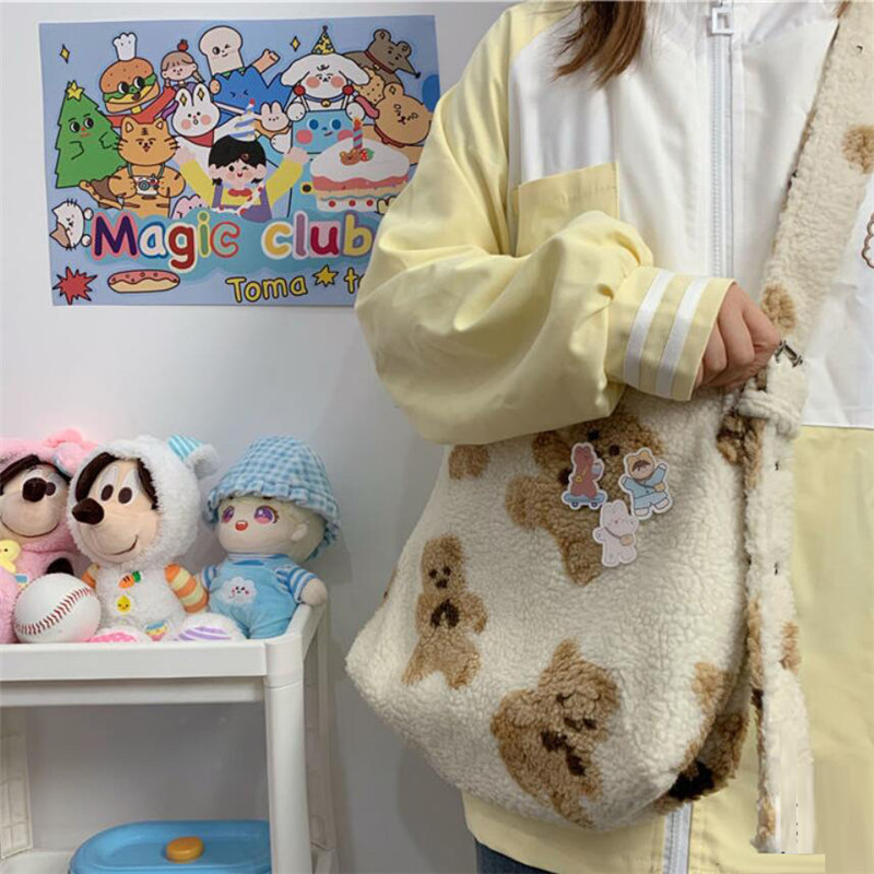 Women Cute Bear Like Fabric Plush Shoulder Bag Simple Handbag Tote Bag Embroidery Soft Shopping School For Girls Sac Femme