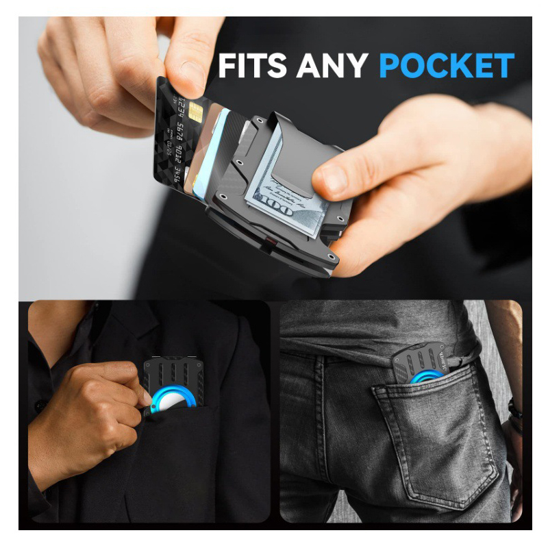 AirTag Men's Wallet Carteira Masculina Minimalist Metal with Air Tag Bracket Carbon Fiber RFID Shielded Credit Card Clip