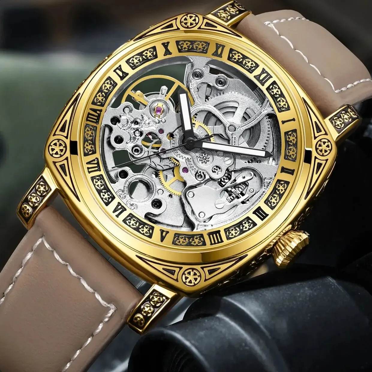 KUERST Automatic Mechanical Roman Steel Nails/waterproof Hollow/three-dimensional Carved Shell Fashion Glow-in-the-dark Watch 240724