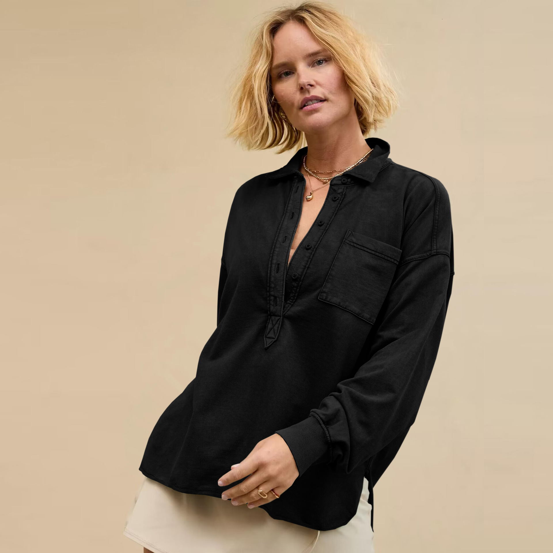 New fashionable and versatile women's loose POLO collar button casual long sleeved design with a sense of slit sweatshirt F8.2#52
