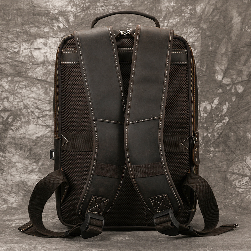 Crazy Horse Leather Backpack For Men - 15.6 Laptop, Cowhide, Large Capacity, Travel Daypack With USB Cable New Free Delivery Designer Bag
