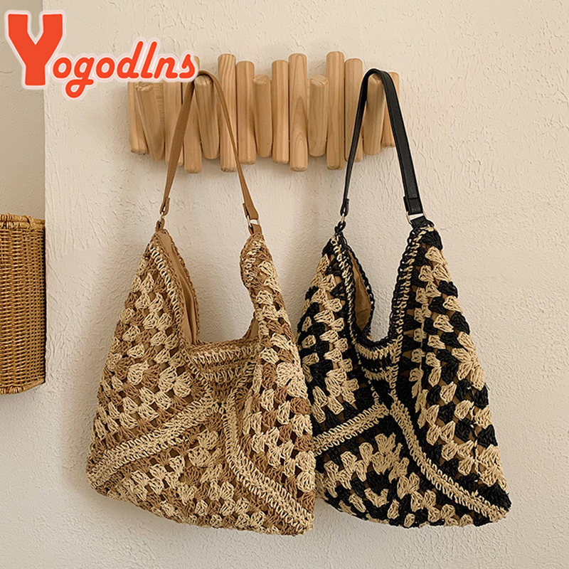 Yogodlns Women Weaving Clutches Top-handle Bag Large Portable Shoulder Bag Summer Beach Purses Shopper Satchel Female Tote Bags