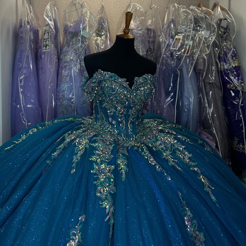 Blue Shiny Off The Shoulder Gown Quinceanera Dresses Appliques Lace Beaded Sweet 16 Birthday Party Gowns Robe De Ball