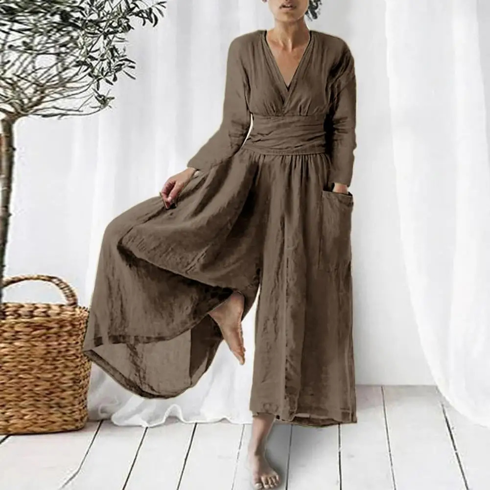 Cotton Linen Jumpsuit V-neck Waist Tight Long Sleeve Women Playsuit Spring Oversized Loose Long Pants Rompers Womens Clothing 240802
