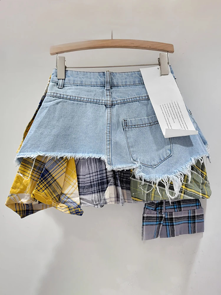 DEAT Womens Denim Leather Colorful Checkered Splicing Work Irregular Deconstruction Aline High Waist Mini Skirt 2024 Summer Fashion 240729