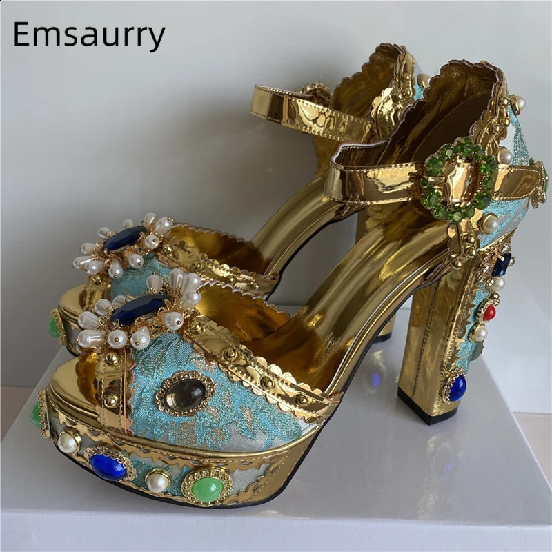 High quality embroidered satin party shoes summer pearl thick high heels rhinestone platform sandals for women 240731