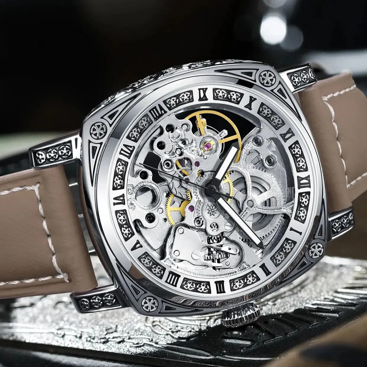 KUERST Automatic Mechanical Roman Steel Nails/waterproof Hollow/three-dimensional Carved Shell Fashion Glow-in-the-dark Watch 240724