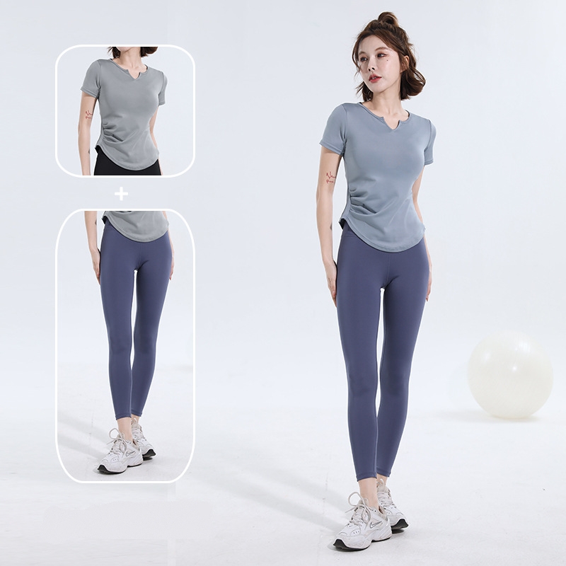 V-neck short-sleeved T-shirt quick dry naked seamless yoga clothes fold waist slimming bodyfitting sports fitness top women