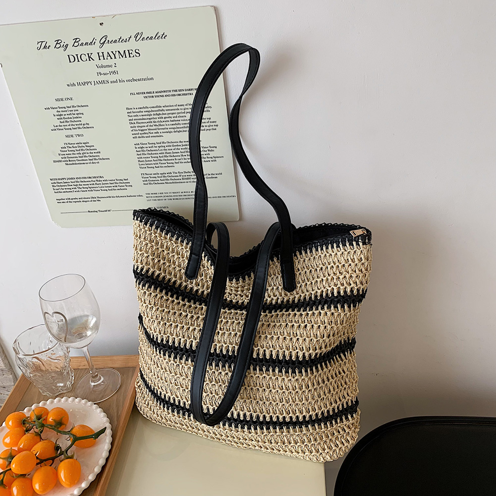 Summer Straw Shoulder Bags for Women Striped Woven Seaside Beach bag Vacation Shopping Bags Casual Female Shoulder Handbags Tote