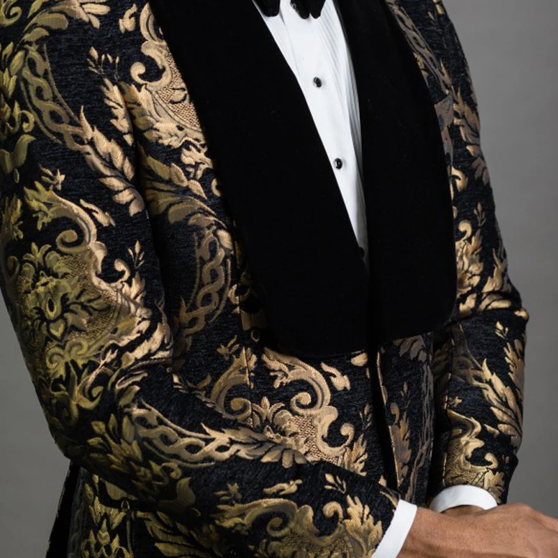 Floral Jacquard Blazer for Men African Fashion Slim Fit Male Suit Jacket with Velvet Shawl Lapel for Wedding Prom Groom Tuxedo Jacket