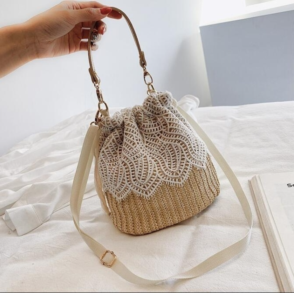 Straw Plaited Article Lace Bucket Bags for Women Causal Holiday Beach Bag Elegant Handbags Shoulder Crossbody