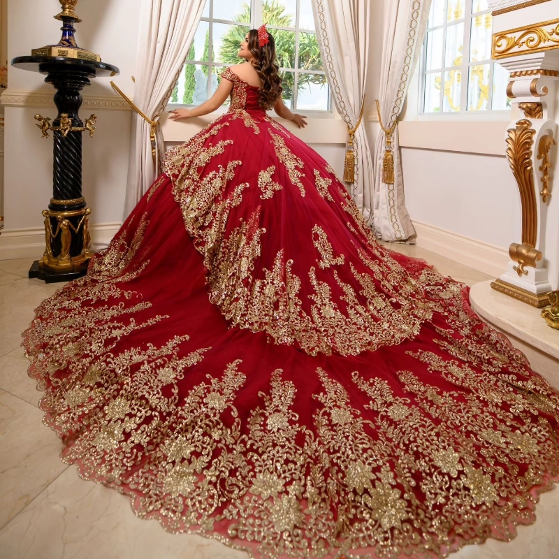 Red Quinceanera Off The Shoulder Sequins Gold Lace Appliques Pearl Ruffles Sweet 16 Dress Vestidos 15 De