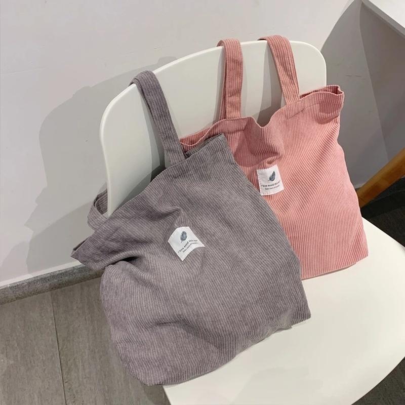 Women Corduroy Shopping Bag Female Canvas Cloth Shoulder Bag Environmental Storage Handbag Reusable Foldable Eco Grocery Totes