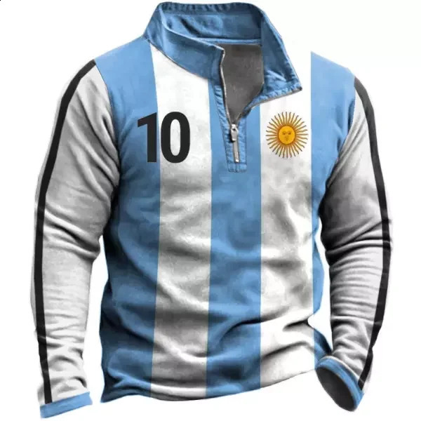 Argentina Flag Sweatshirt Mens Casual Half Zipper Sweatshirt Stand Collar Jacket Fashion Long Sleeve POLO Shirt Flag 3D Hoodie 240802