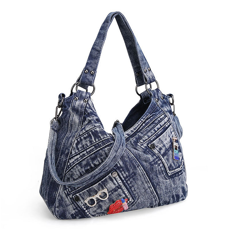 iPinee Trendy Women's Denim Bag Blue Jean Purses Vintage Handbags with Shine Sequins Glasses Decoration and Lip Embroidery