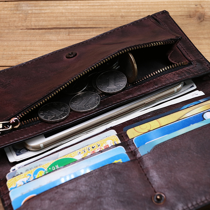 Genuine Leather Wallet For Men Women Vintage Retro Wrinkled Long Bifold Female Clutch Purse With Card Holder Zipper Coin Pocket