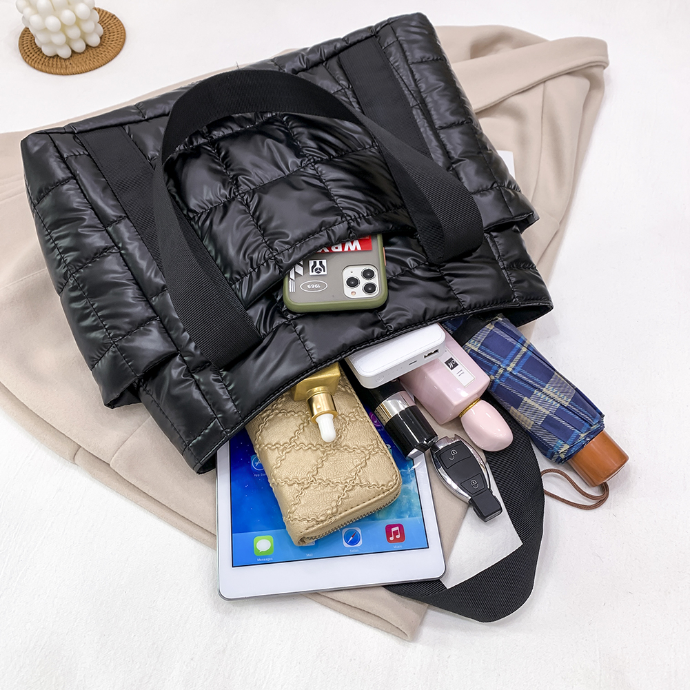 Autumn Winter Nylon Women Large Capacity Handbags Casual Quilted Lattice Shoulder Bags Female Solid Color Shopping Tote Bags
