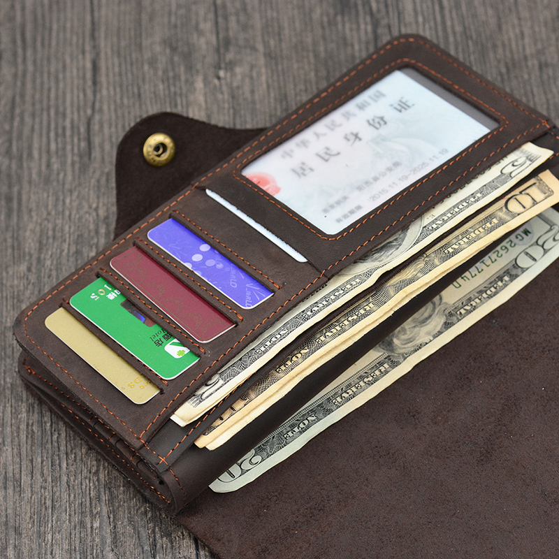 Men's Crazy Horse Leather Long Wallet Brown Real leather Trifold clutch snap purse Hasp purse with Phone pocket and coin pocket