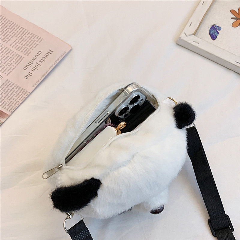 Women Winter Cute Cartoon Plush Panda Crossbody Bag Female Warm Fluffy Messenger Bag Mobile Phone Pouch For Ladies Travel Purses