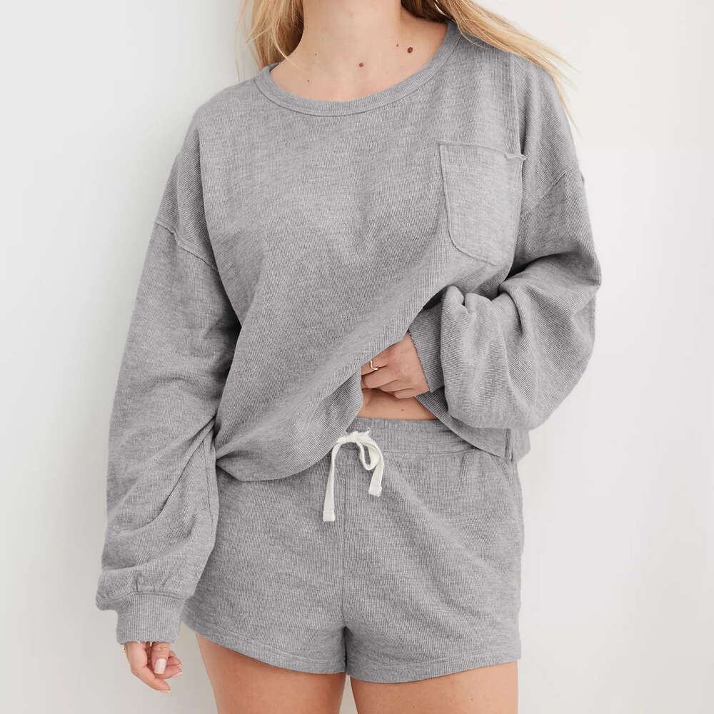 Ribbed round neck top, comfortable casual hoodie, women's long sleeved knitted sweater